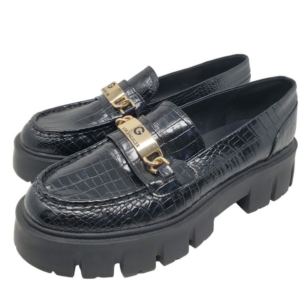 Guess Black Croc-Embossed Platform Loafers with Gold Hardware